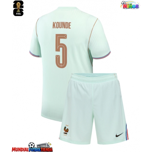 Camiseta Francia Jules Kounde #5 Segunda Equipación Replica Mundial 2026 para niños mangas cortas (+ Pantalones cortos)